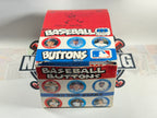 Box of baseball buttons with images of players on a white background