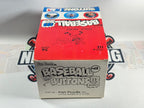 Box of baseball buttons with branding on a white background