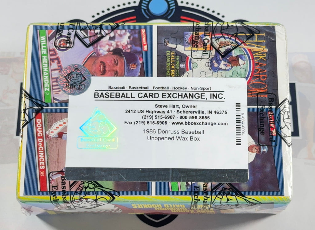 A sealed 1986 Donruss Baseball card wax box shown from the front, with a white paper label reading 'BASEBALL CARD EXCHANGE, INC.' placed across the center.