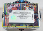 A sealed 1986 Donruss Baseball card wax box shown from the front, with a white paper label reading 'BASEBALL CARD EXCHANGE, INC.' placed across the center.