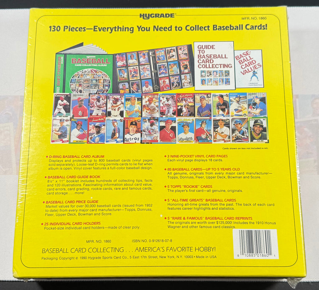 Back of a Hygrade baseball card collection kit packaging with images and text.