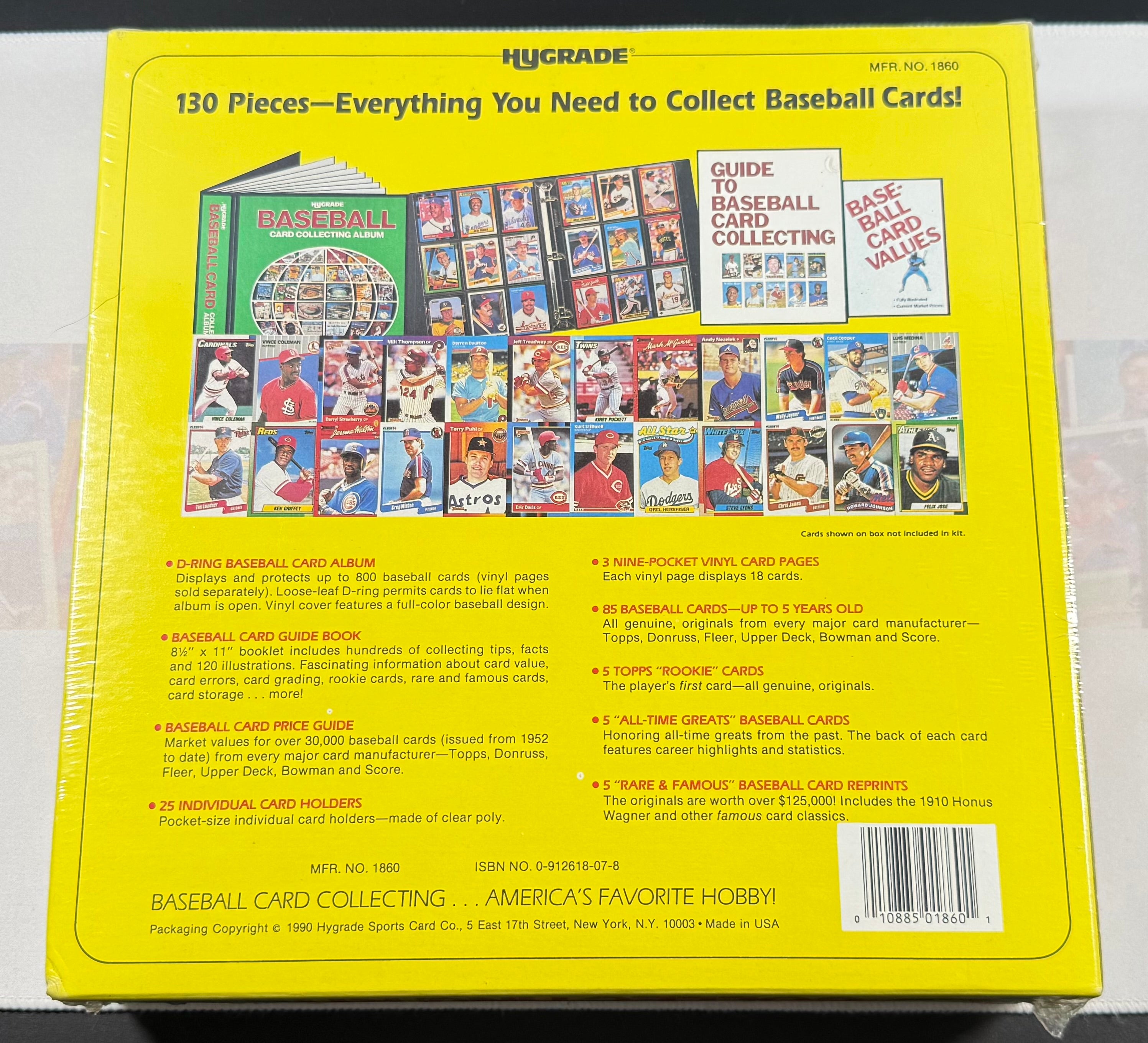 Back of a Hygrade baseball card collection kit packaging with images and text.