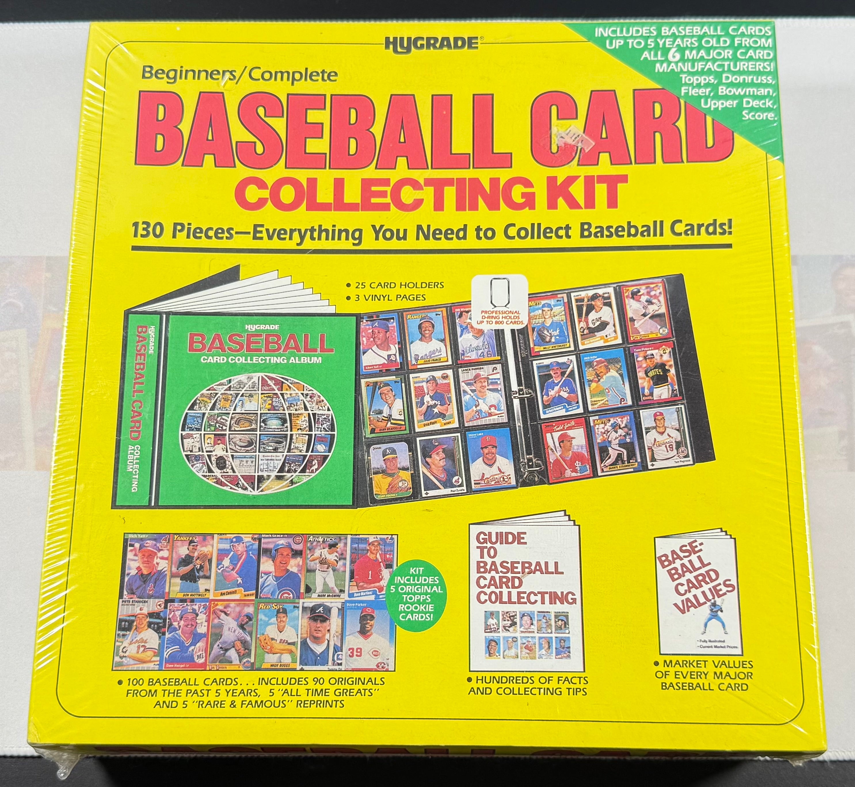 Baseball card collecting kit packaging with colorful text and images on a yellow background