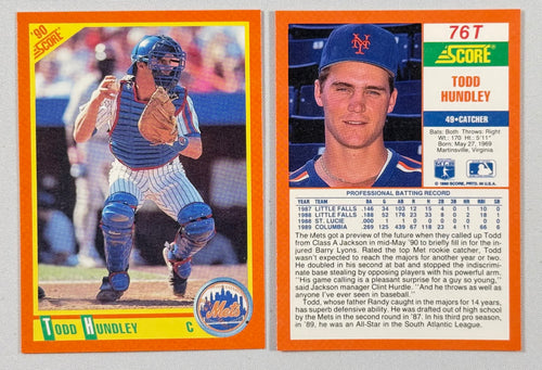 Baseball trading card of Todd Hundley with a catcher's uniform and stats on the back.