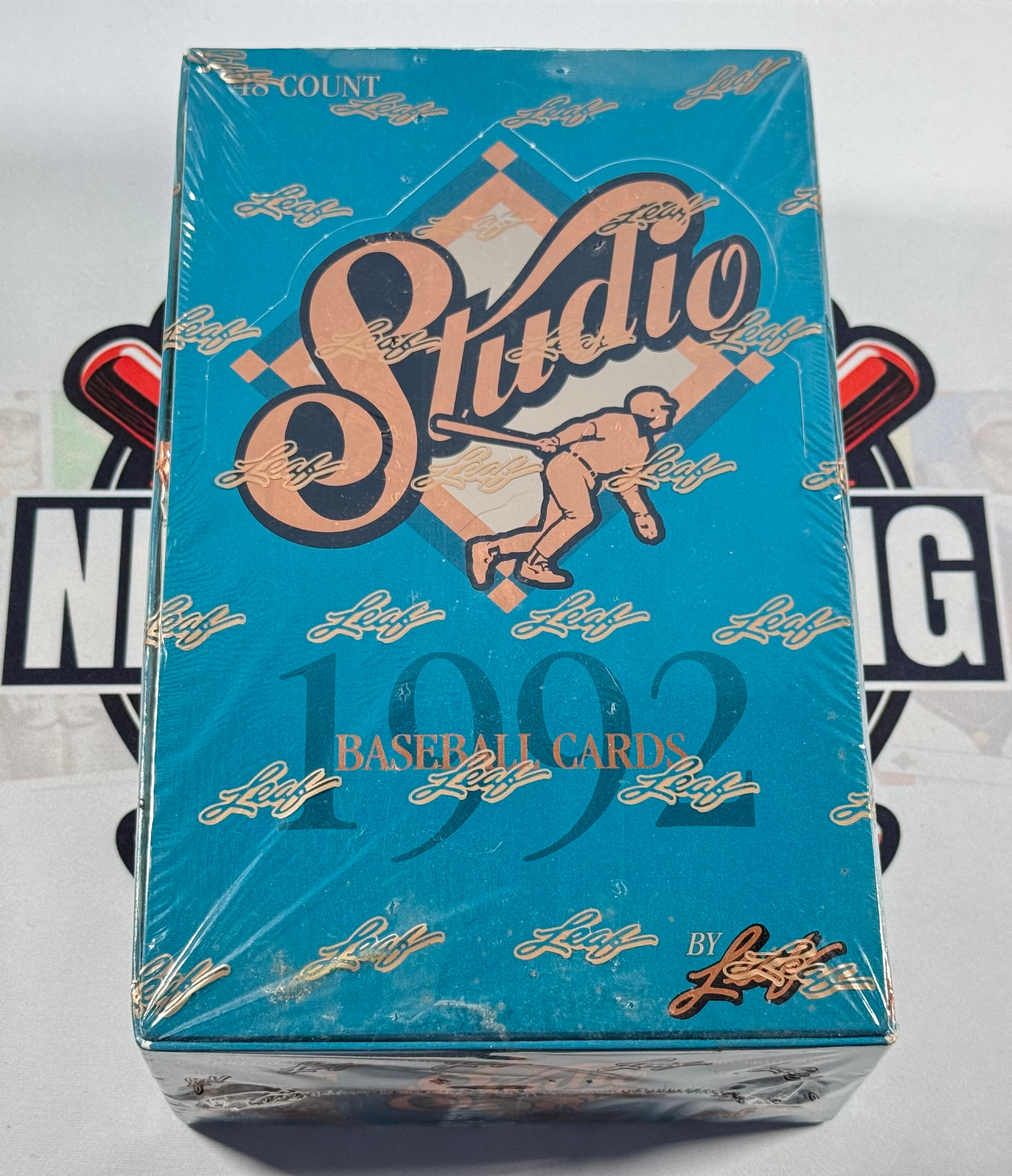 Blue box of 1992 Studio baseball cards with vintage design elements.