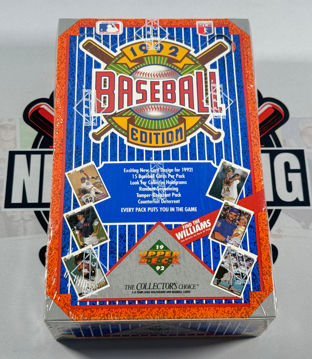 Baseball trading card pack from 1992 with colorful design and text.