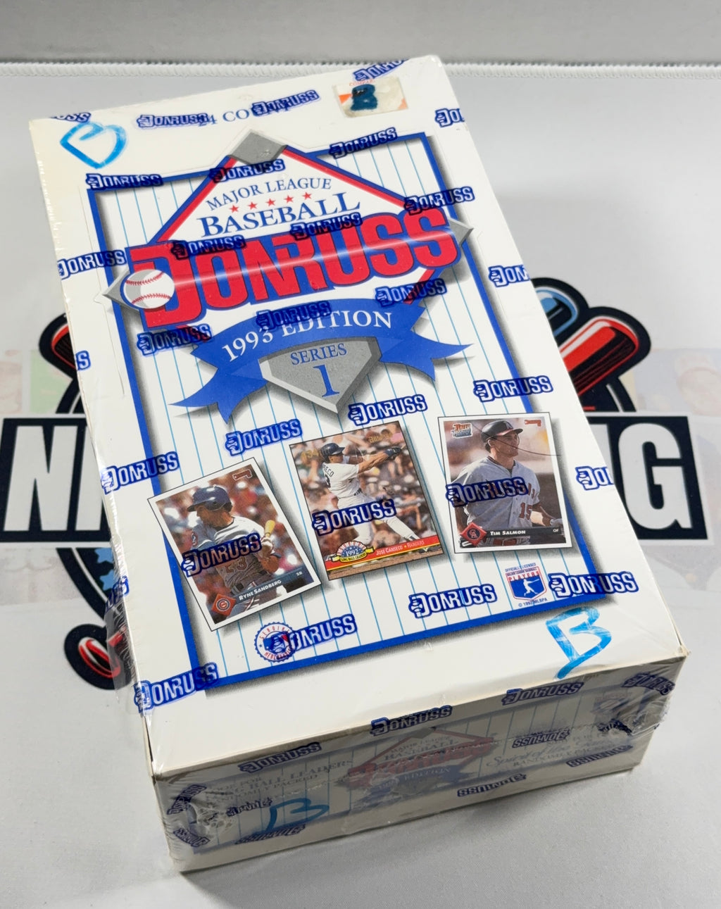 Box of Donruss 1993 baseball trading cards on a white background