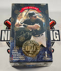 Baseball trading card pack with a player image and Leaf logo on a white background