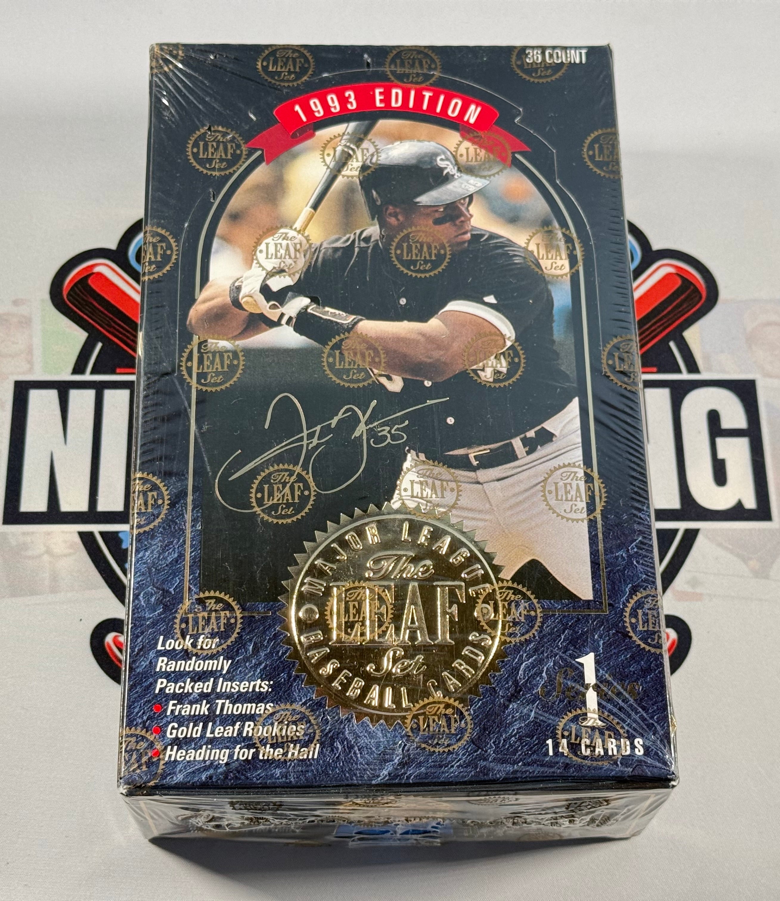 Baseball trading card pack with a player image and Leaf logo on a white background