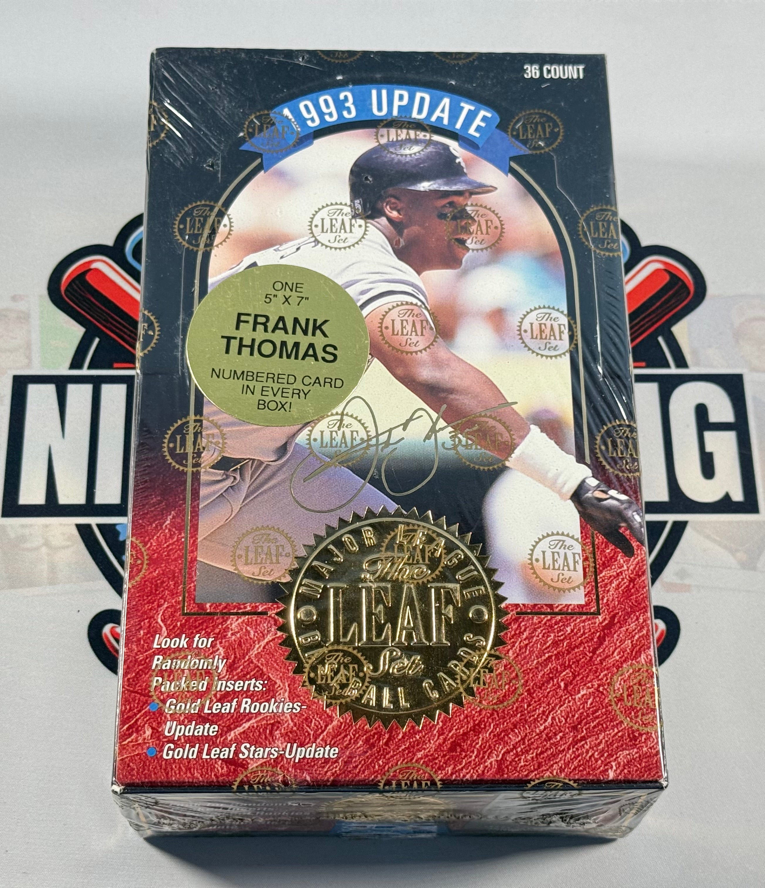 1993 Leaf baseball trading card box featuring Frank Thomas on a white background