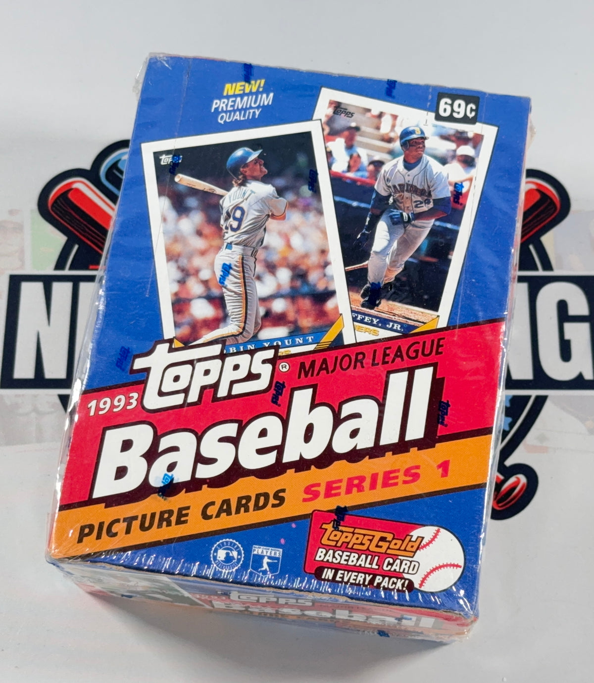 A sealed 1993 Topps Baseball Picture Cards Series 1 trading card box, photographed on a white surface with a blurred background showing partial store signage.