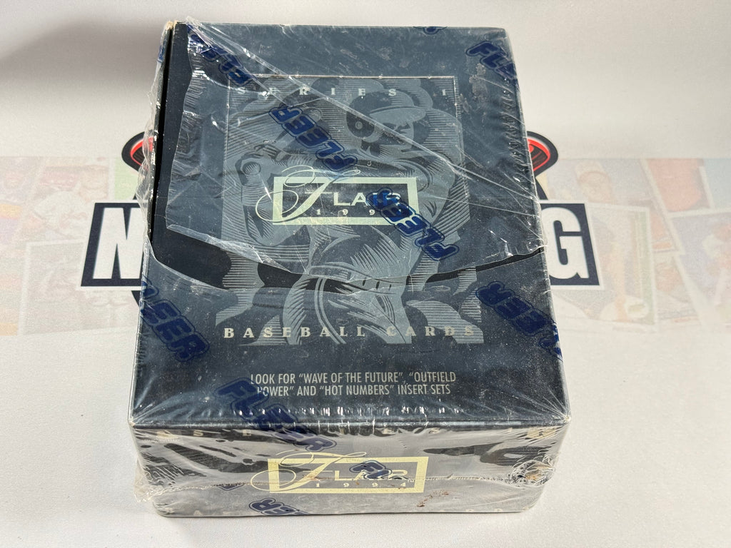 Sealed box of flair baseball cards on a white background