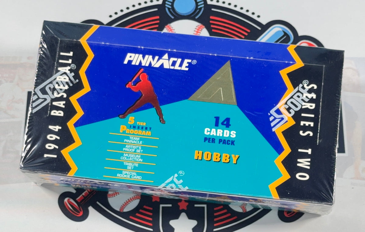 A sealed 1994 Pinnacle Sports Two Hobby Baseball card box, showing the front packaging with a blue and teal design, a baseball player silhouette, and text indicating 14 cards per pack.