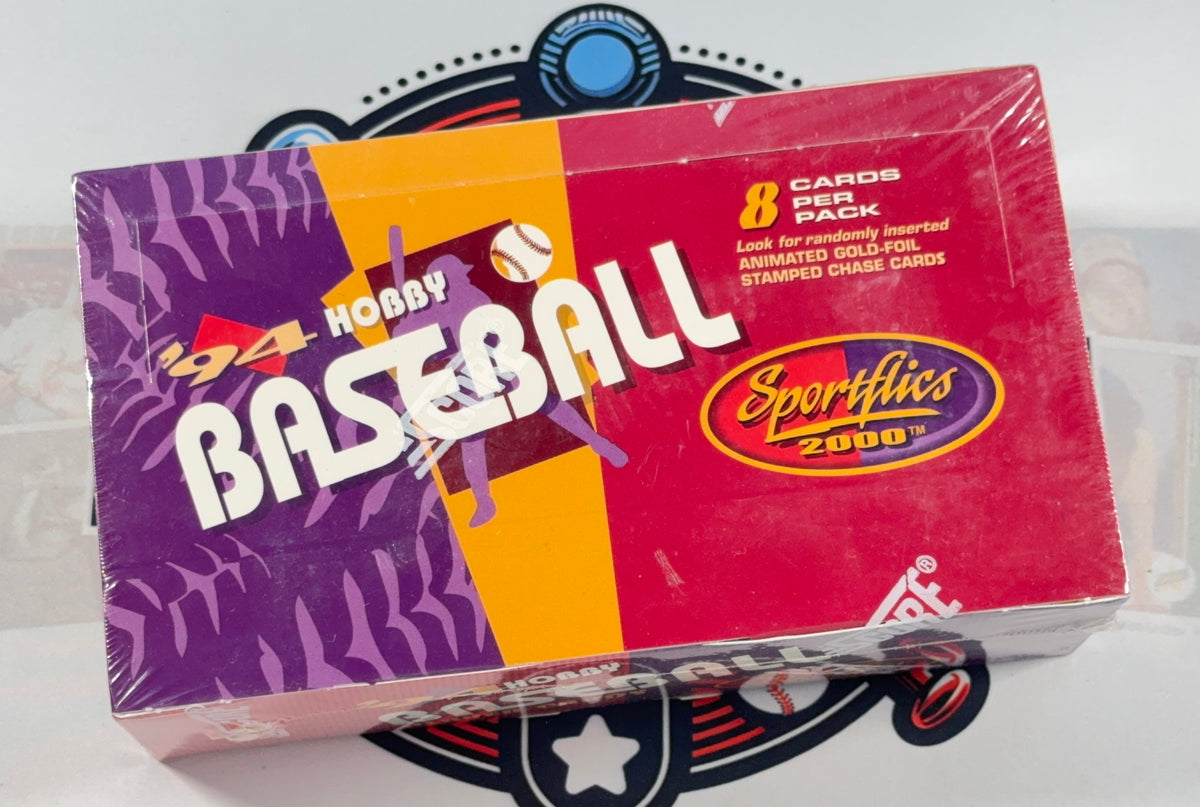 A sealed 1994 Hobby Baseball Sportsfics 2000 trading card booster pack box, featuring a purple, orange, and red design with 'BASEBALL' in large white letters.