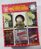 A 1994 World Series Baseball limited edition operation pack containing 20 packs of trading cards and baseball memorabilia. The red and white box is filled with various sealed packs including Jumbo, Upper Deck, and Bowman packs, along with a baseball card featuring a baseball in the center.