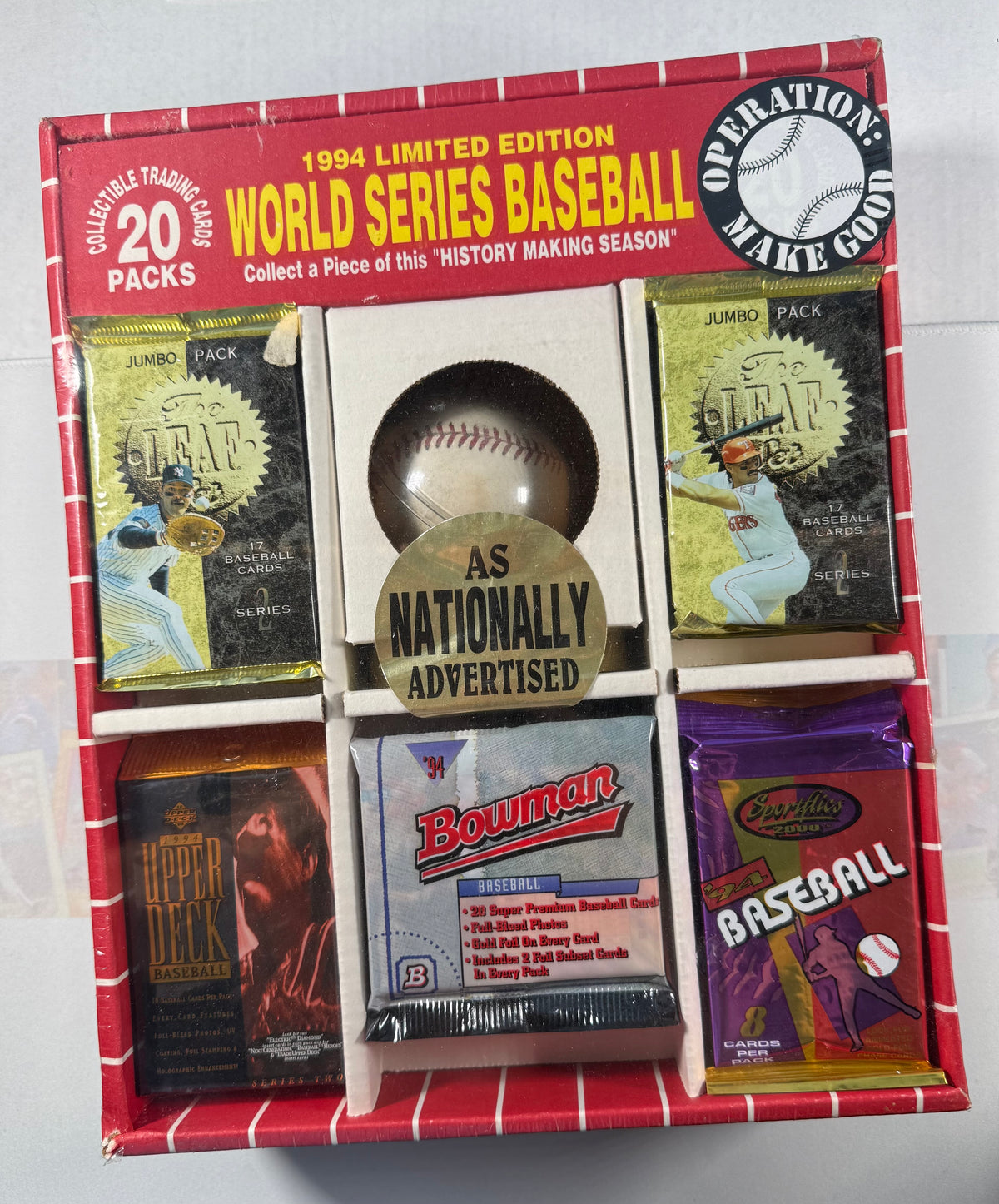 A 1994 World Series Baseball limited edition operation pack containing 20 packs of trading cards and baseball memorabilia. The red and white box is filled with various sealed packs including Jumbo, Upper Deck, and Bowman packs, along with a baseball card featuring a baseball in the center.