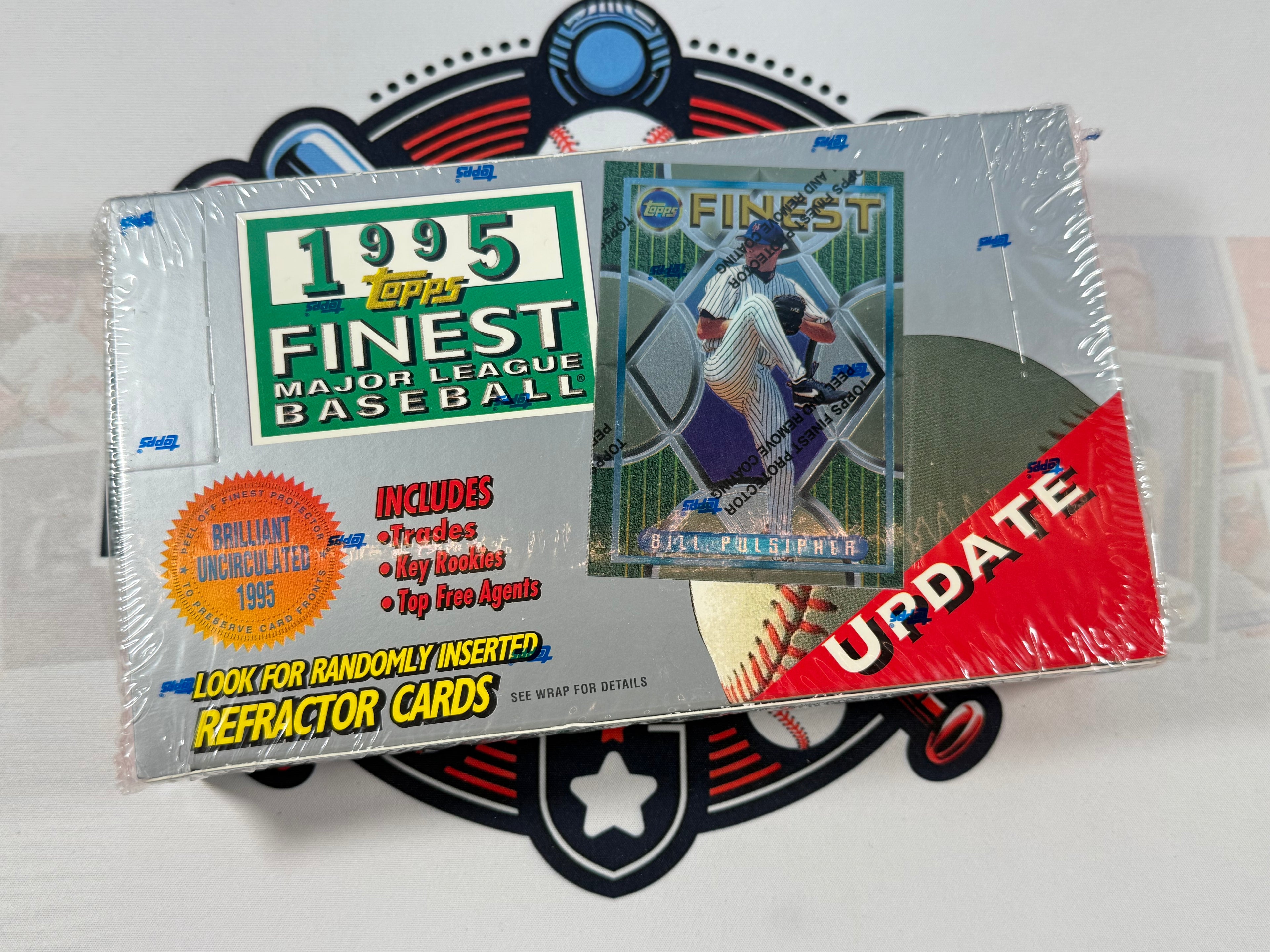 1995 Topps Finest baseball trading card box with a card featuring a player in a blue uniform.