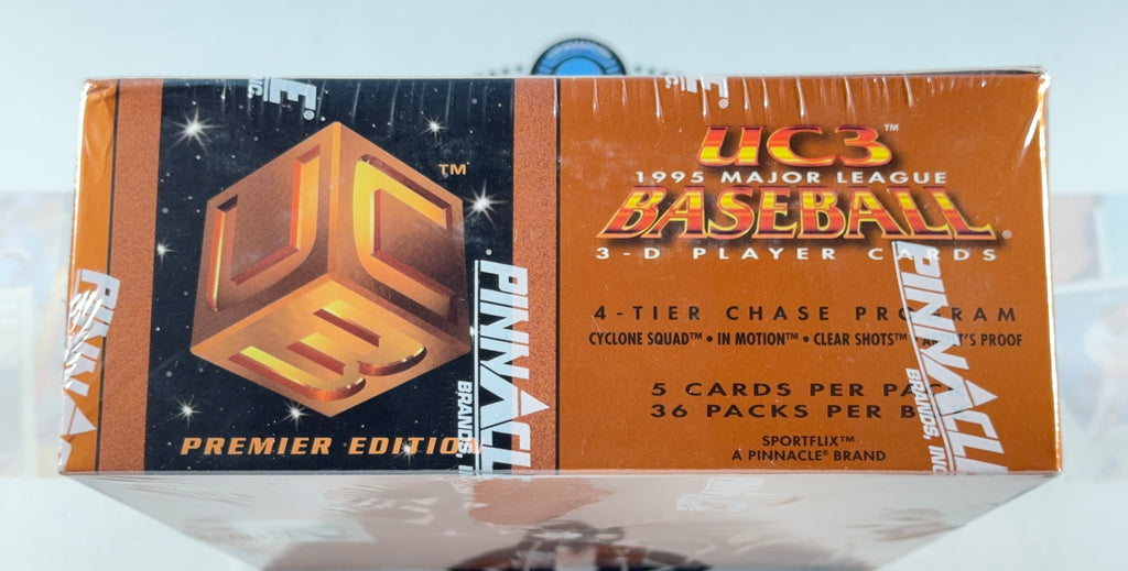 A sealed 1995 UC3 Premier Edition Panini Baseball trading card box, showing the orange and black packaging with the UC3 logo and 'Premier Edition' text.