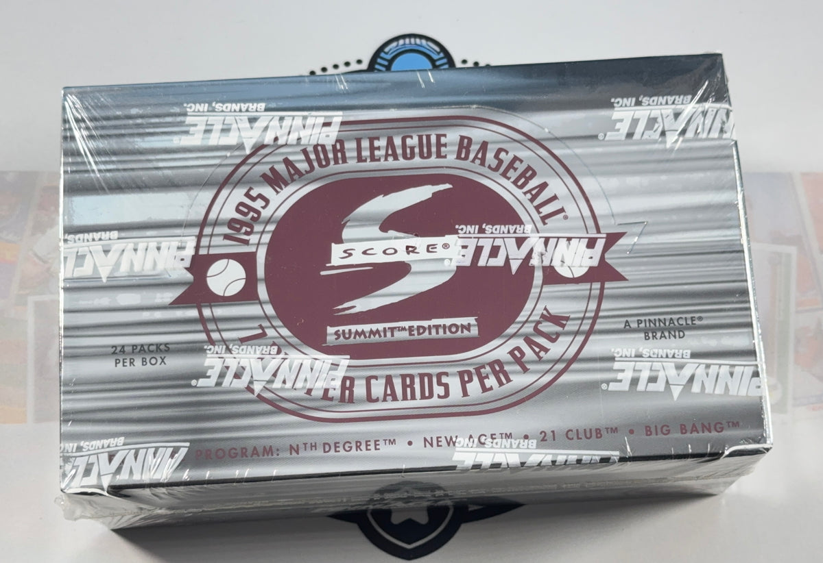 A sealed 1995 Major League Baseball Scorecard Summit Edition trading card booster box by Sony, wrapped in clear plastic. The box features a metallic silver design with a prominent burgundy circular logo and white text.