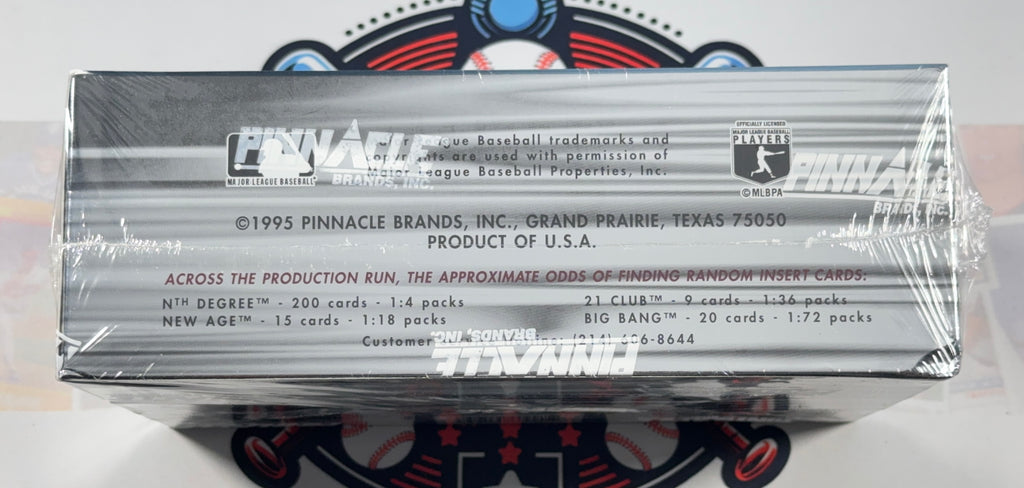 A sealed box of 1995 Pinnacle Baseball trading cards, wrapped in clear plastic and showing the back panel with product details and logos.