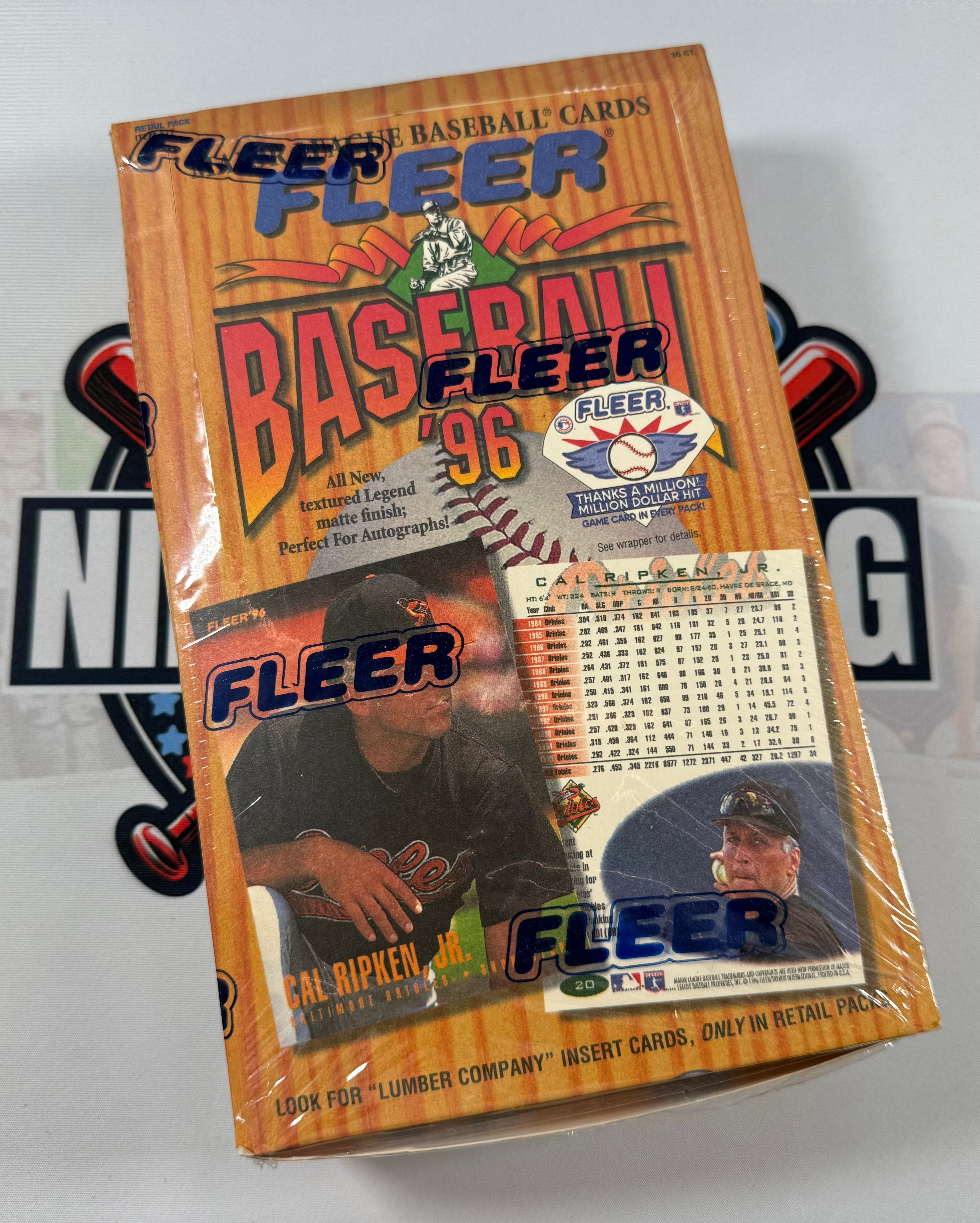 Sealed Fleer 1996 baseball trading card box on a white background