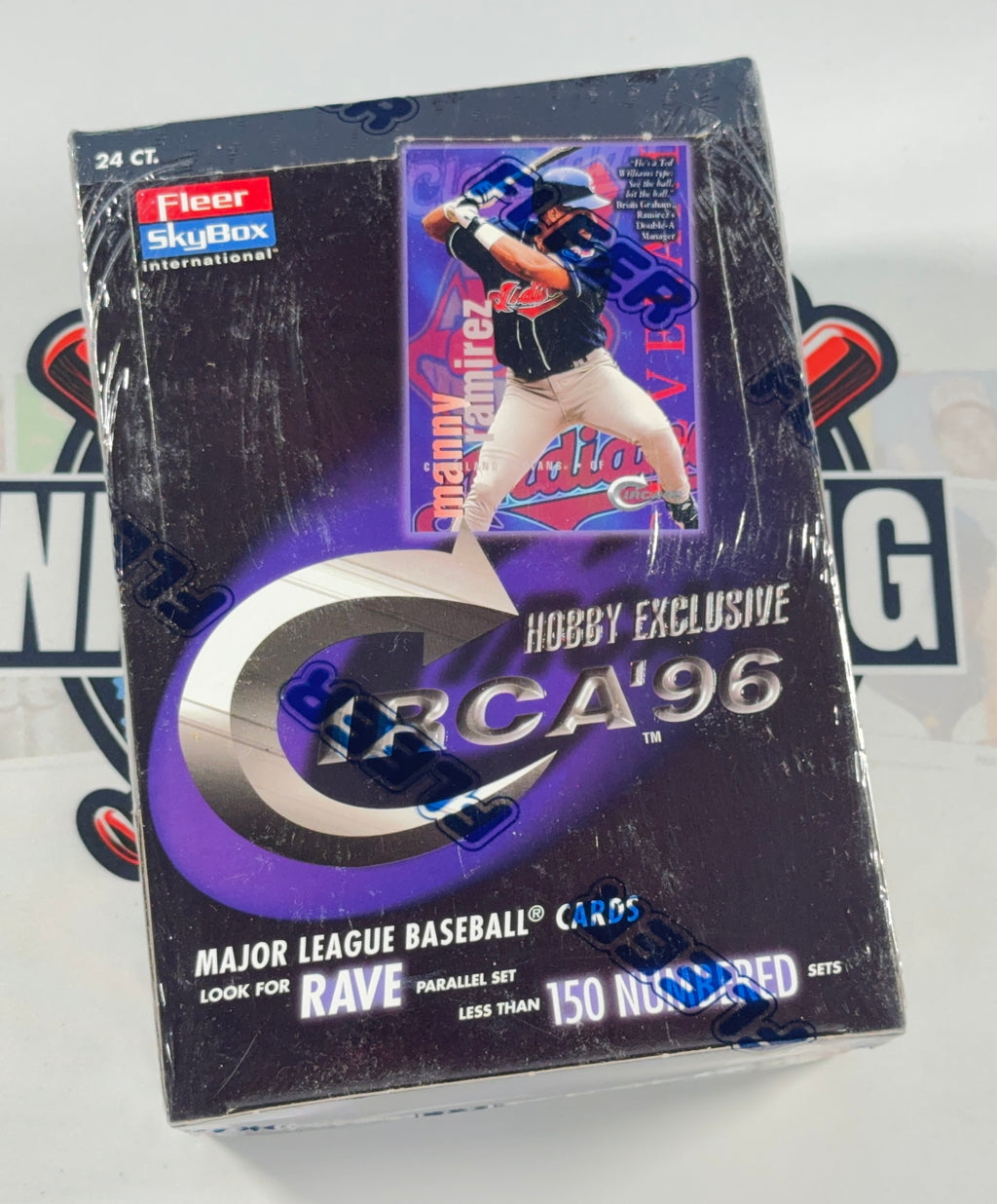 A sealed 2016 Fleer SkyBox hobby exclusive baseball card booster box for the CCA '96 Major League Baseball Cards, featuring a purple and black design with a baseball player graphic.