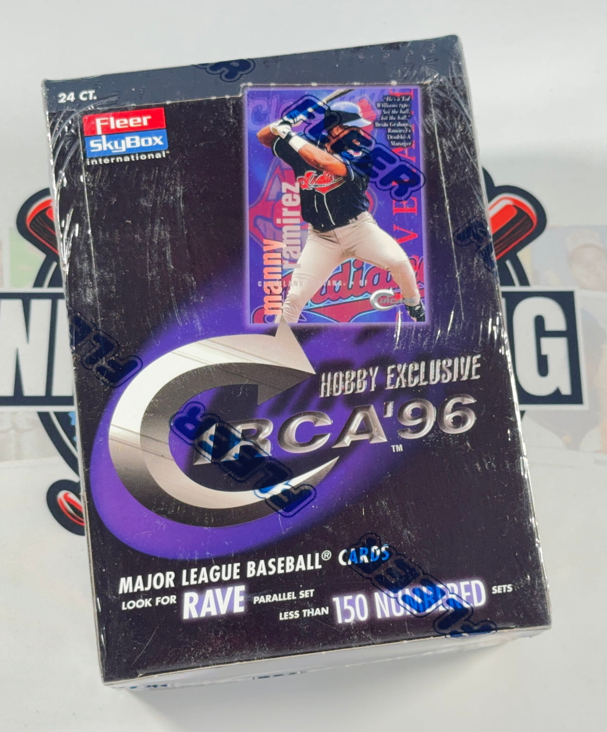 A sealed 2016 Fleer SkyBox hobby exclusive baseball card booster box for the CCA '96 Major League Baseball Cards, featuring a purple and black design with a baseball player graphic.