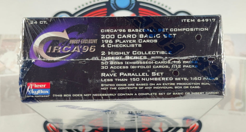 A sealed Circa '96 Hobby Exclusive Rave Parallel Set 200 card basic set box by Fleer SkyBox, wrapped in clear plastic and photographed on a display stand.