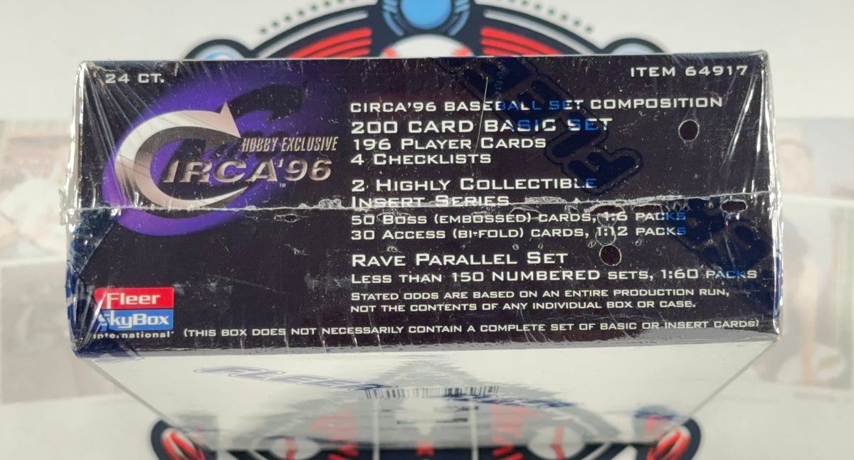 A sealed Circa '96 Hobby Exclusive Rave Parallel Set 200 card basic set box by Fleer SkyBox, wrapped in clear plastic and photographed on a display stand.