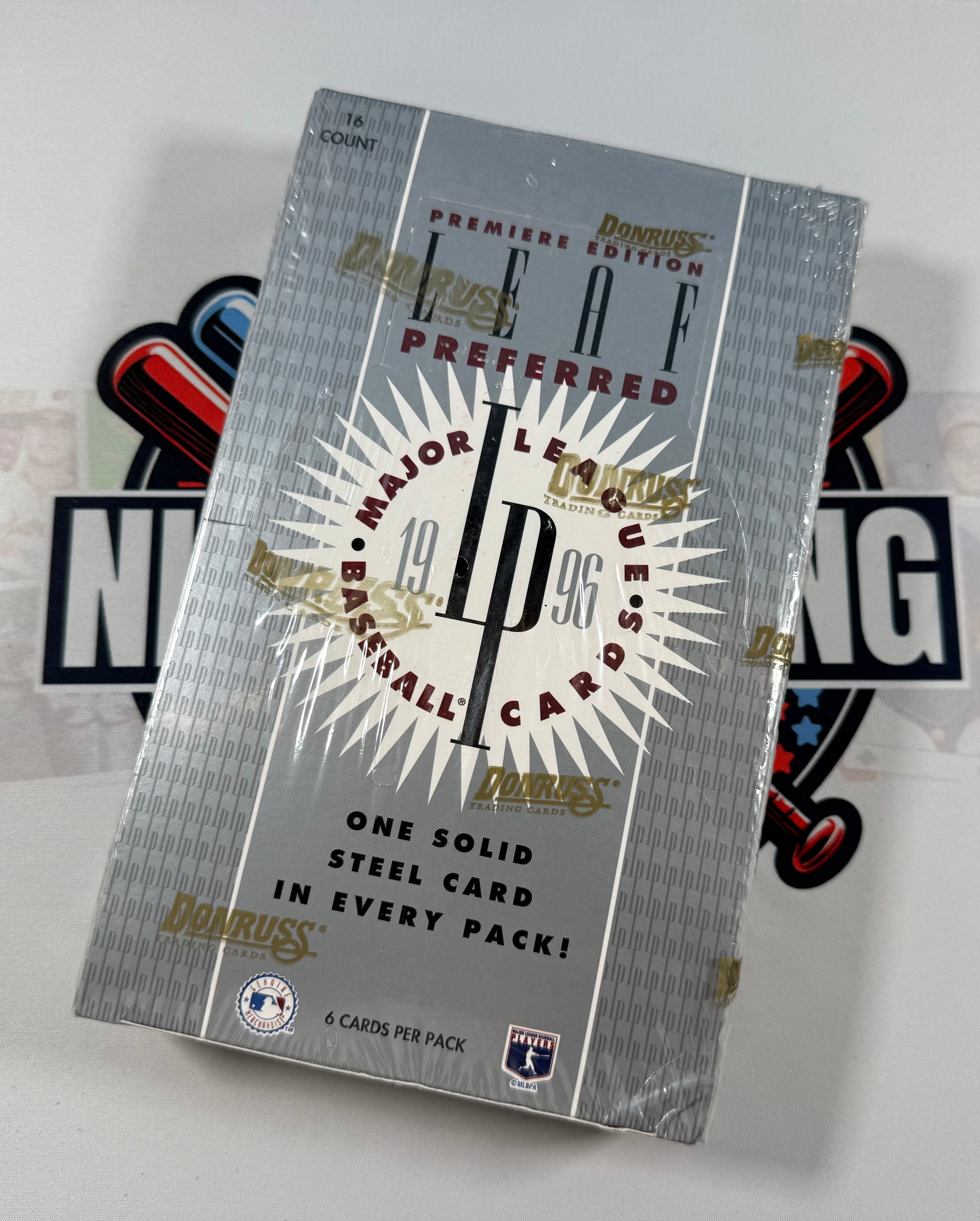 Baseball card packaging with '1996 Donruss Preferred' branding on a white background.