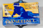 A sealed Pinnacle Select '96 Major League Baseball trading card booster box, showing the front packaging with yellow, blue, and white graphics and Pinnacle branding.