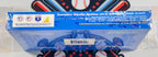 A blue cardboard product box wrapped in clear plastic, photographed from the back side. The box has white text, a white label with logos, and a blue baseball graphic.