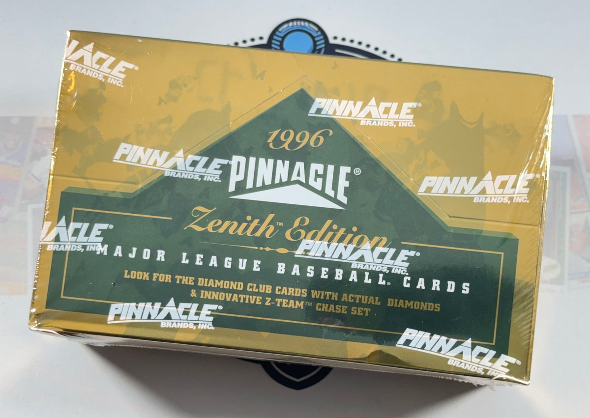 A sealed Pinnacle Zenith Edition 1996 Major League Baseball Cards trading card box, shown in its original shrink wrap on a white surface.
