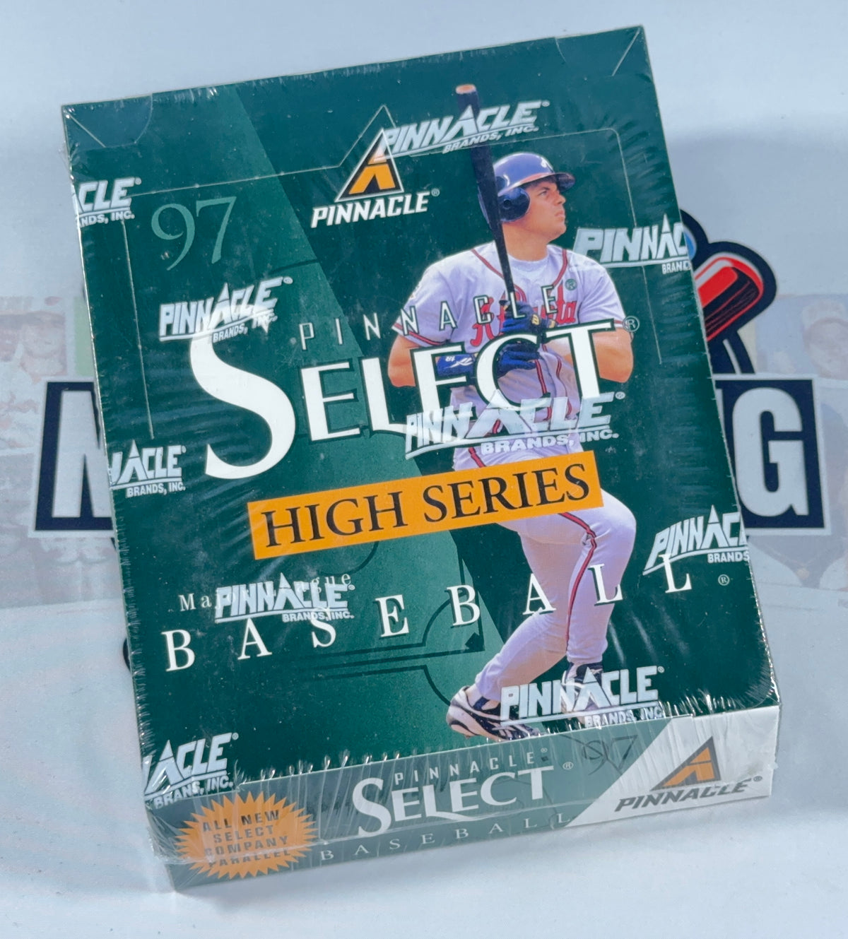 A sealed 1997 Pinnacle Select High Series Baseball trading card booster box, featuring a green cover with a baseball player graphic and multiple Pinnacle logos.