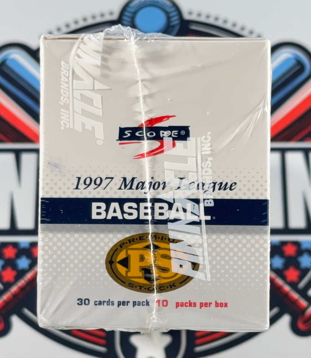 A sealed 1997 MLB Baseball trading card booster pack box by Panini, wrapped in clear plastic. The box is white with blue and red text and logos, including the 'Scopre' logo.