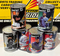 Collection of Pinnacle 98 baseball trading card cans featuring various players on a black and yellow background.