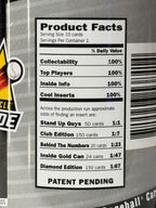 Product facts label on a trading card packaging