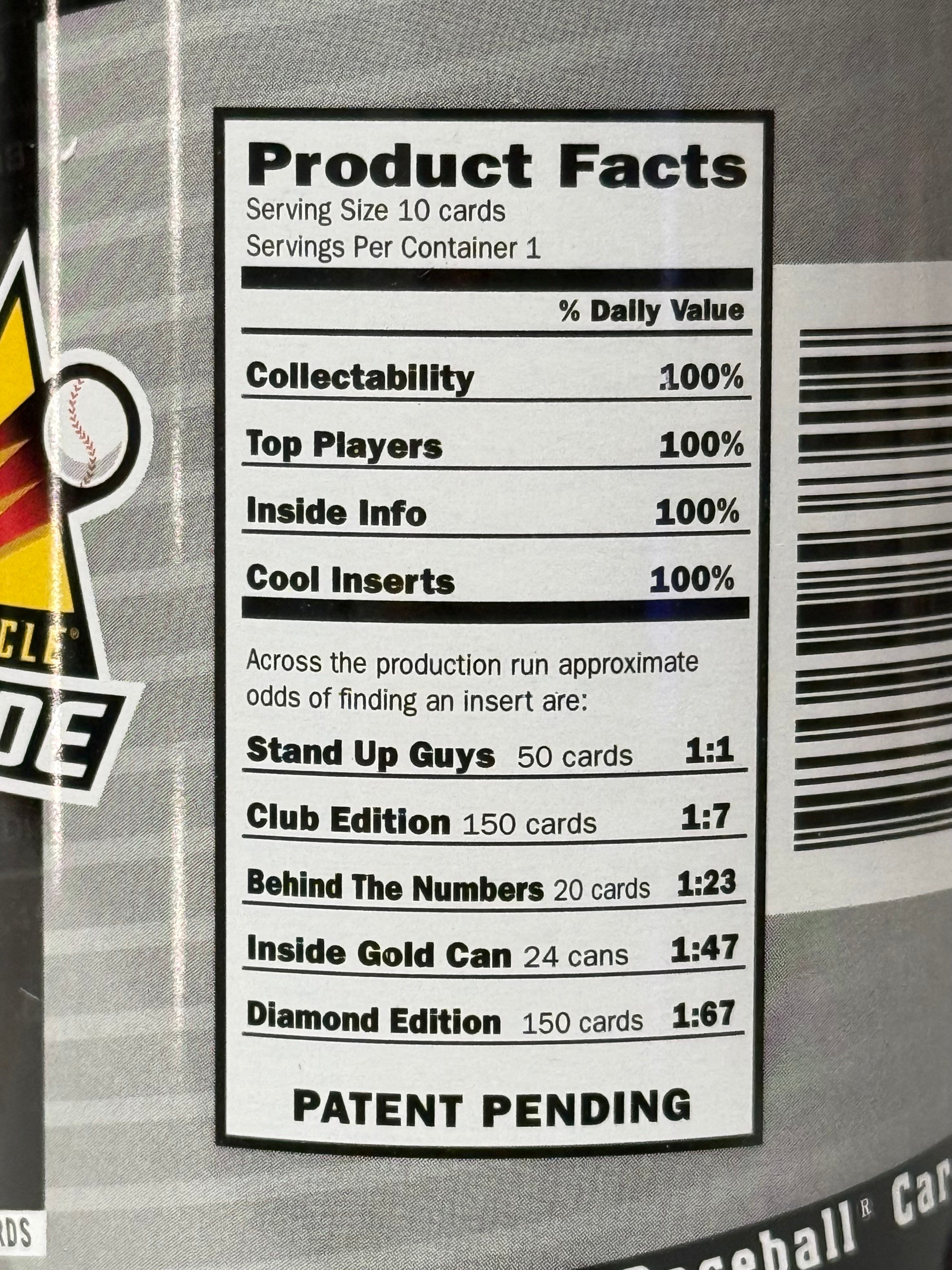 Product facts label on a trading card packaging