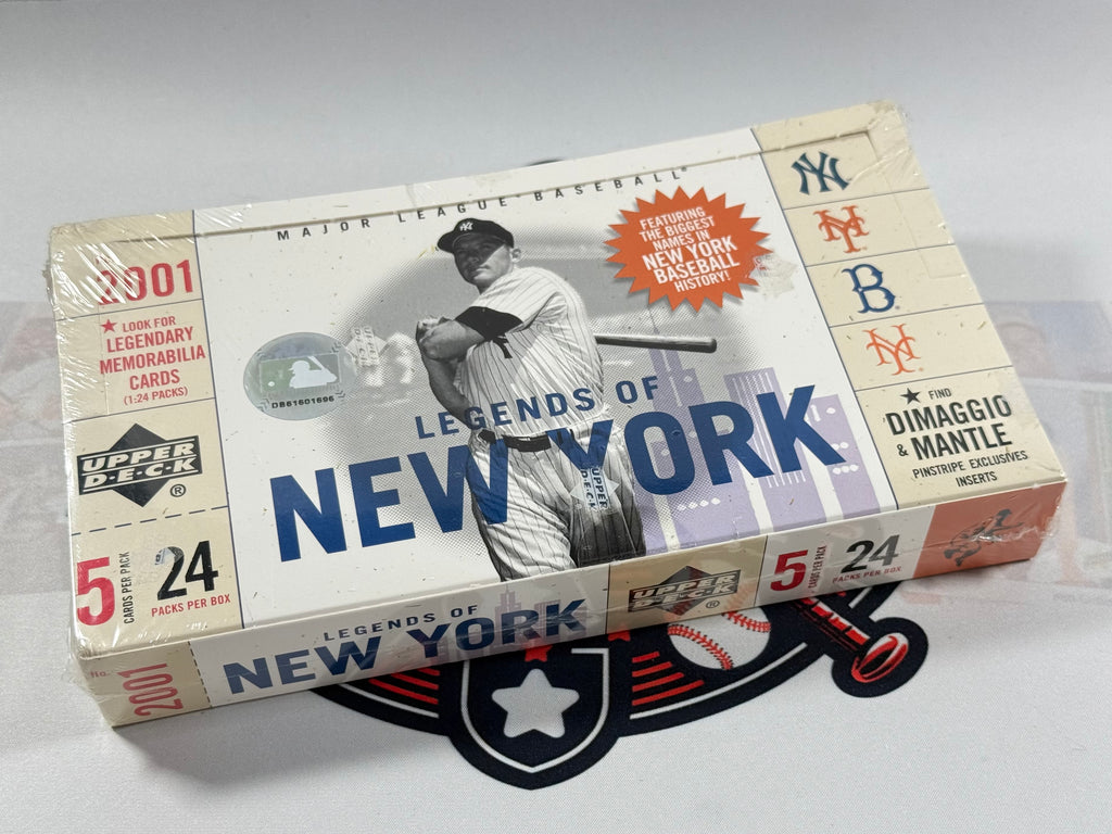 Baseball trading card box featuring a vintage player image and 'Legends of New York' branding.