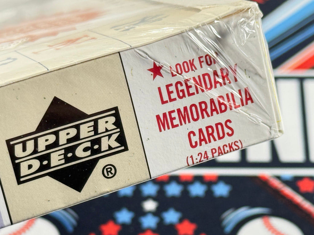Close-up of a Upper Deck trading card packaging with text 'Look for Legendary Memorabilia Cards'.