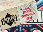 Close-up of a Upper Deck trading card packaging with text 'Look for Legendary Memorabilia Cards'.