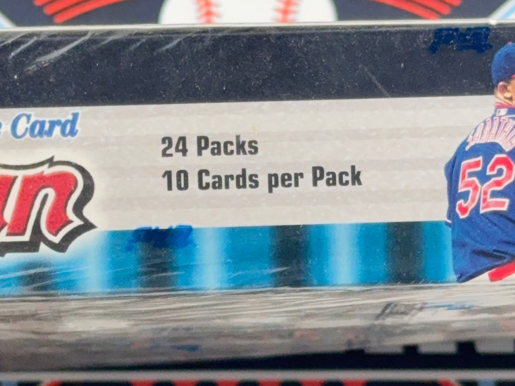 Cardboard packaging with '24 Packs 10 Cards per Pack' text and sports-themed design.