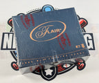 A sealed blue Flair Hobby Box card deck package wrapped in clear plastic, photographed from above on a white surface with a black-and-white graphic background.