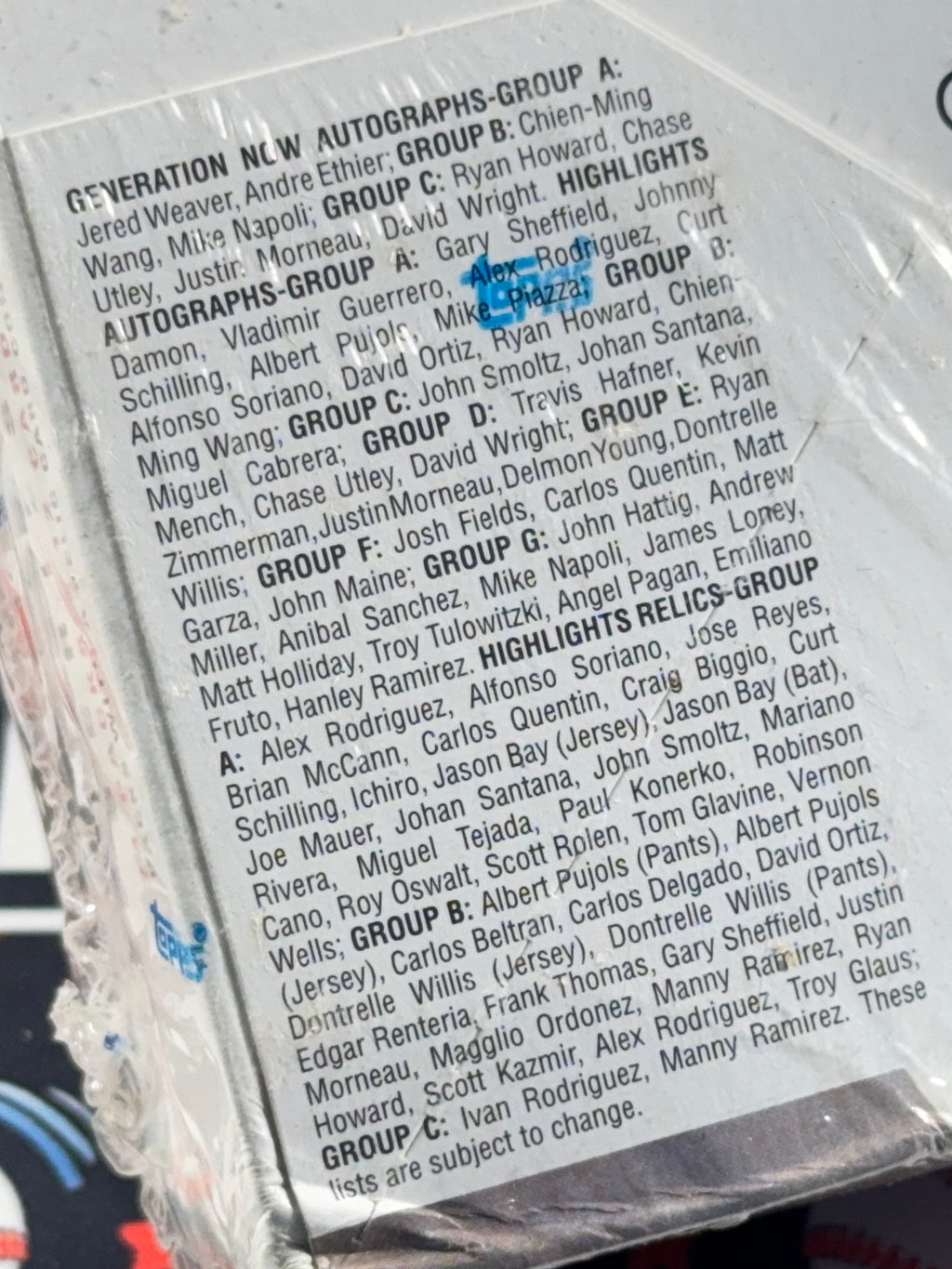 Back of a trading card pack with player names and groups listed