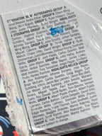 Back of a trading card pack with player names and groups listed