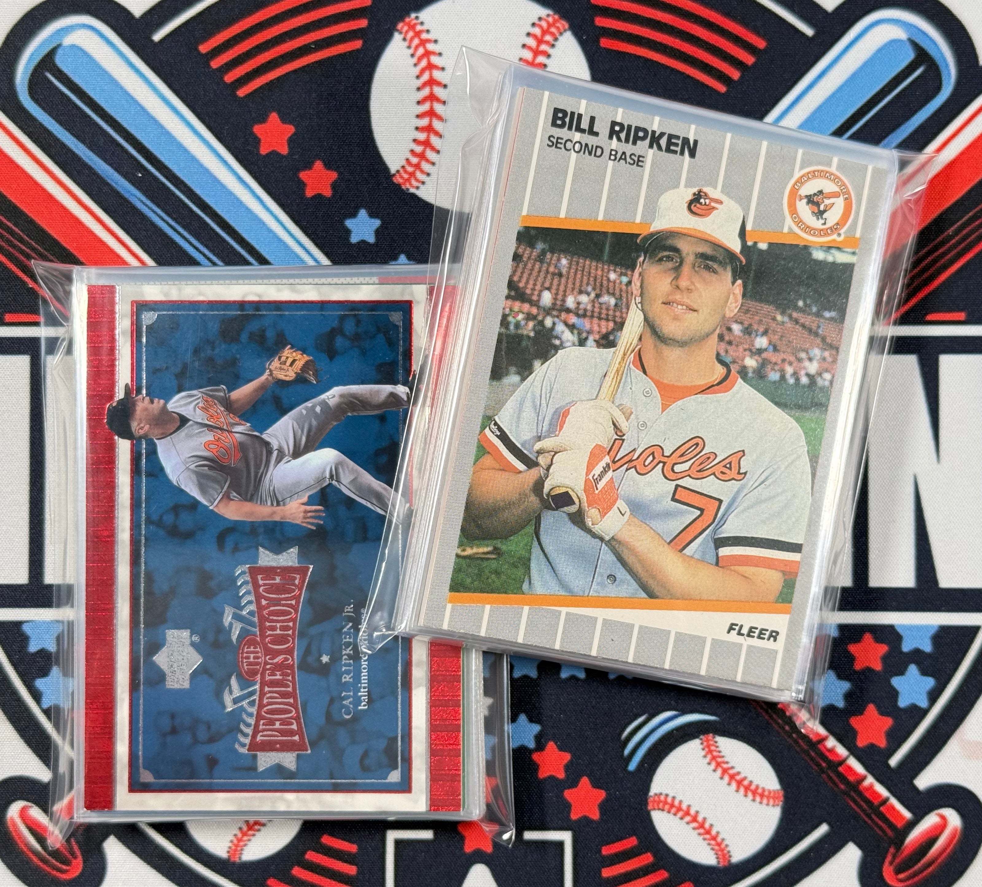 Two baseball trading cards featuring players on a colorful background with sports-themed graphics.