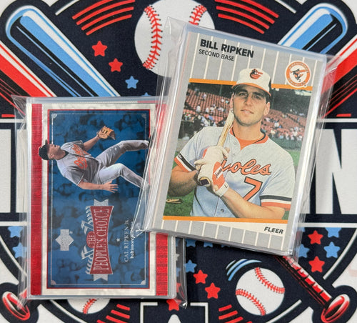 Two baseball trading cards featuring players on a colorful background with sports-themed graphics.