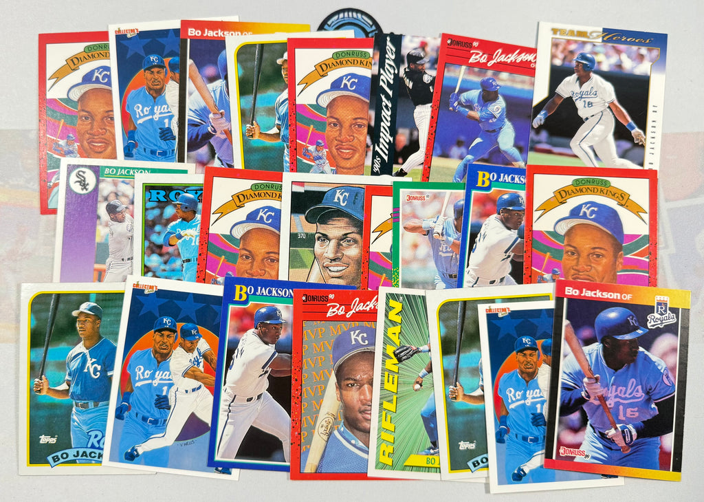 Collection of baseball trading cards featuring various players on a white background