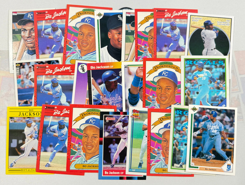Collection of baseball trading cards featuring various players on a white background