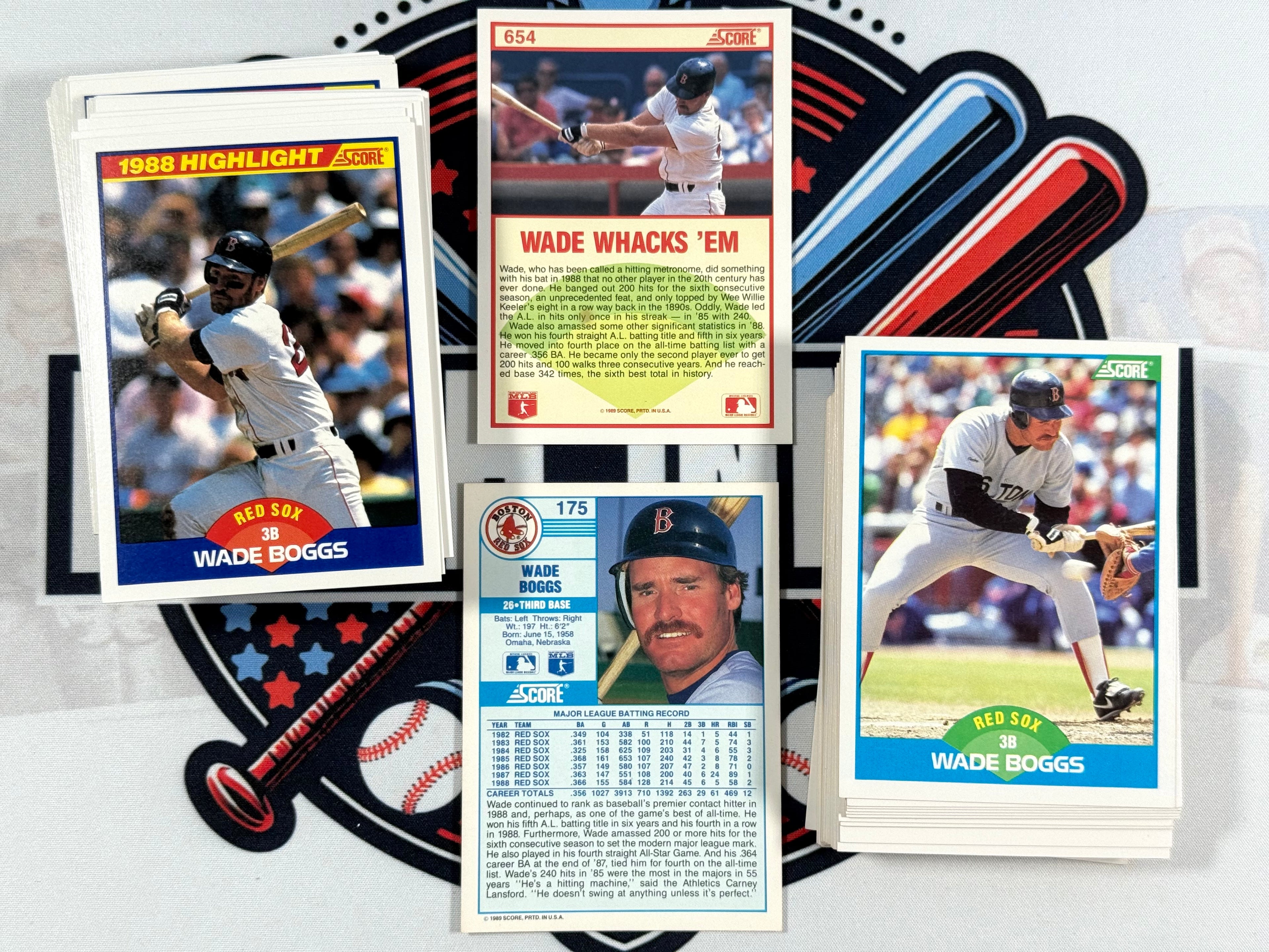 Collection of baseball trading cards featuring Wade Boggs on a sports-themed background.
